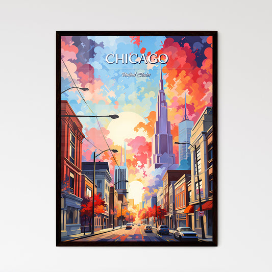 Chicago - Art print of a street with buildings and a colorful sky Framed Art