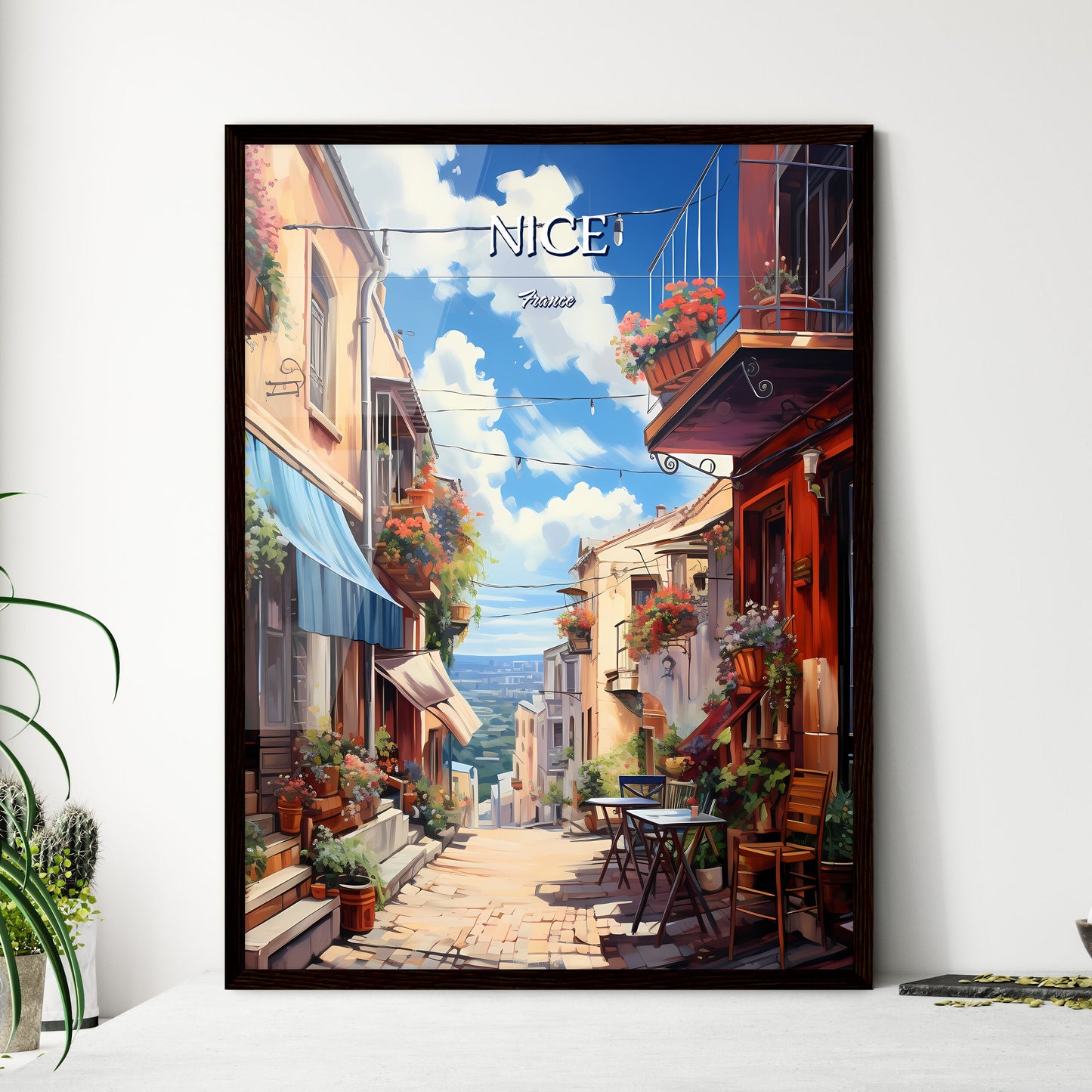 Nice, France - Art print of a street with chairs and tables and flowers on it Framed Art
