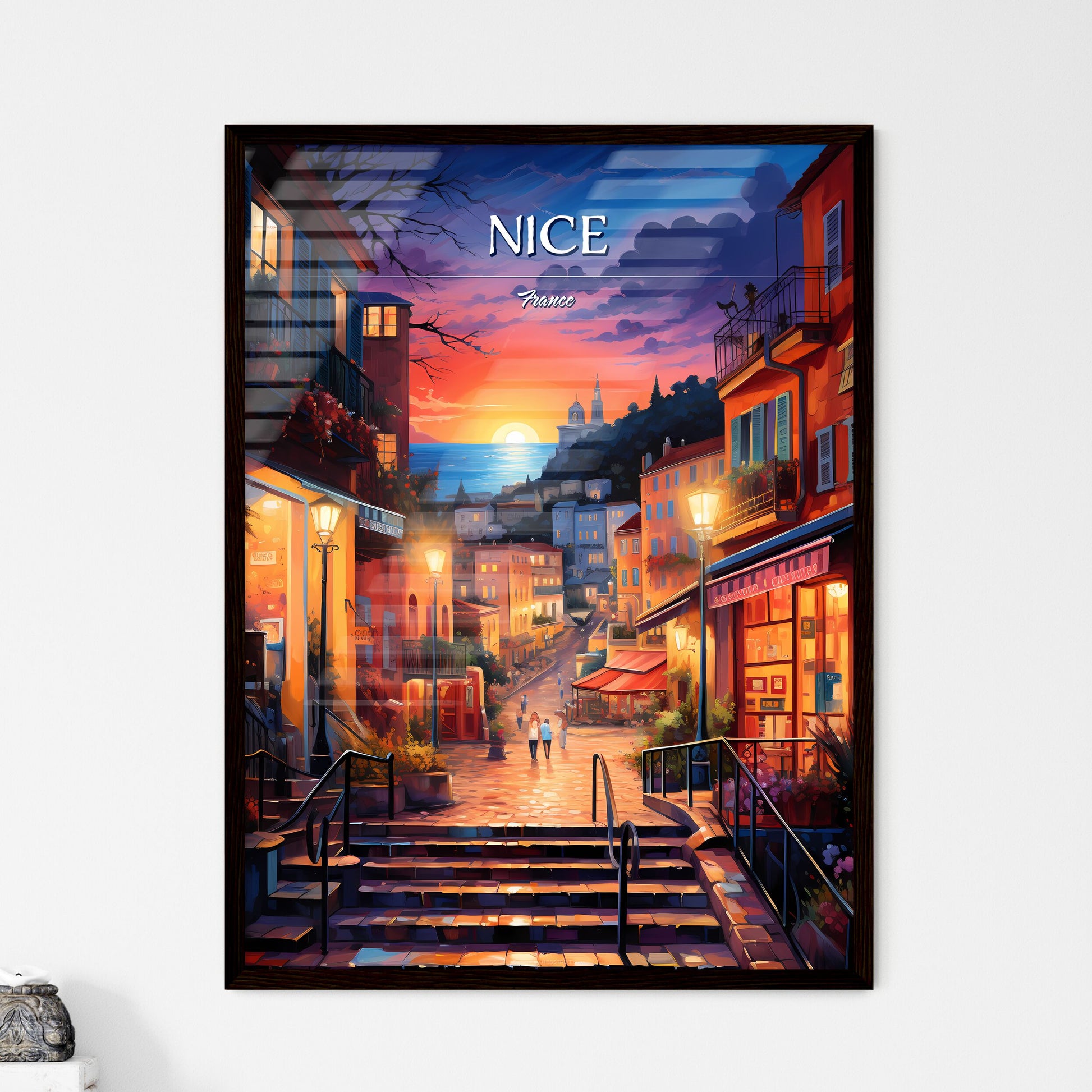 Nice, France - Art print of a street with stairs and buildings in the background Framed Art