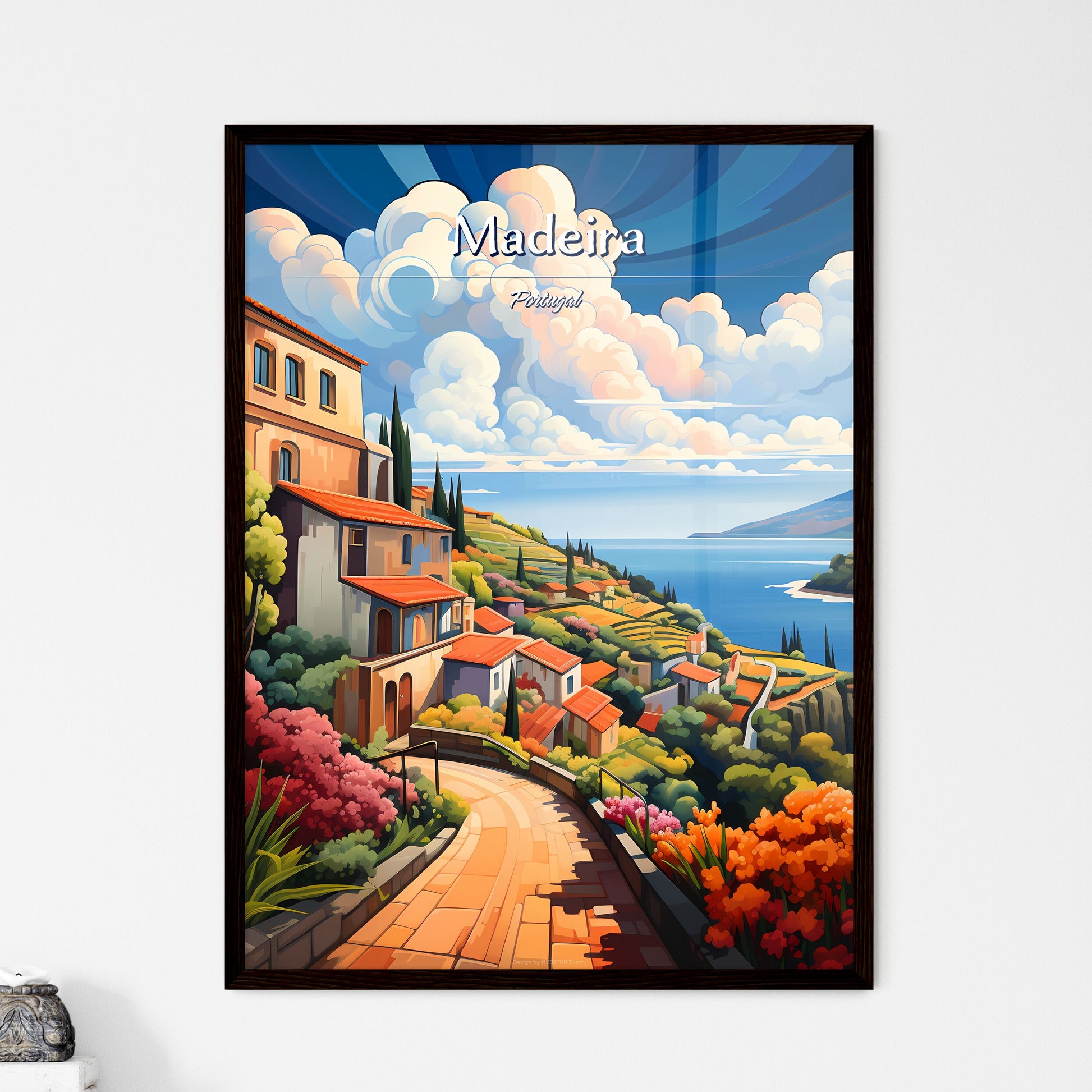 Madeira, Portugal - Art print of a landscape with a road and houses by the water Framed Art