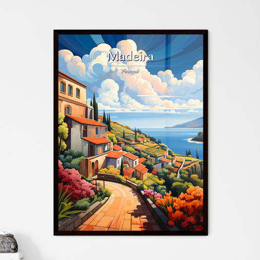 Madeira, Portugal - Art print of a landscape with a road and houses by the water Framed Art
