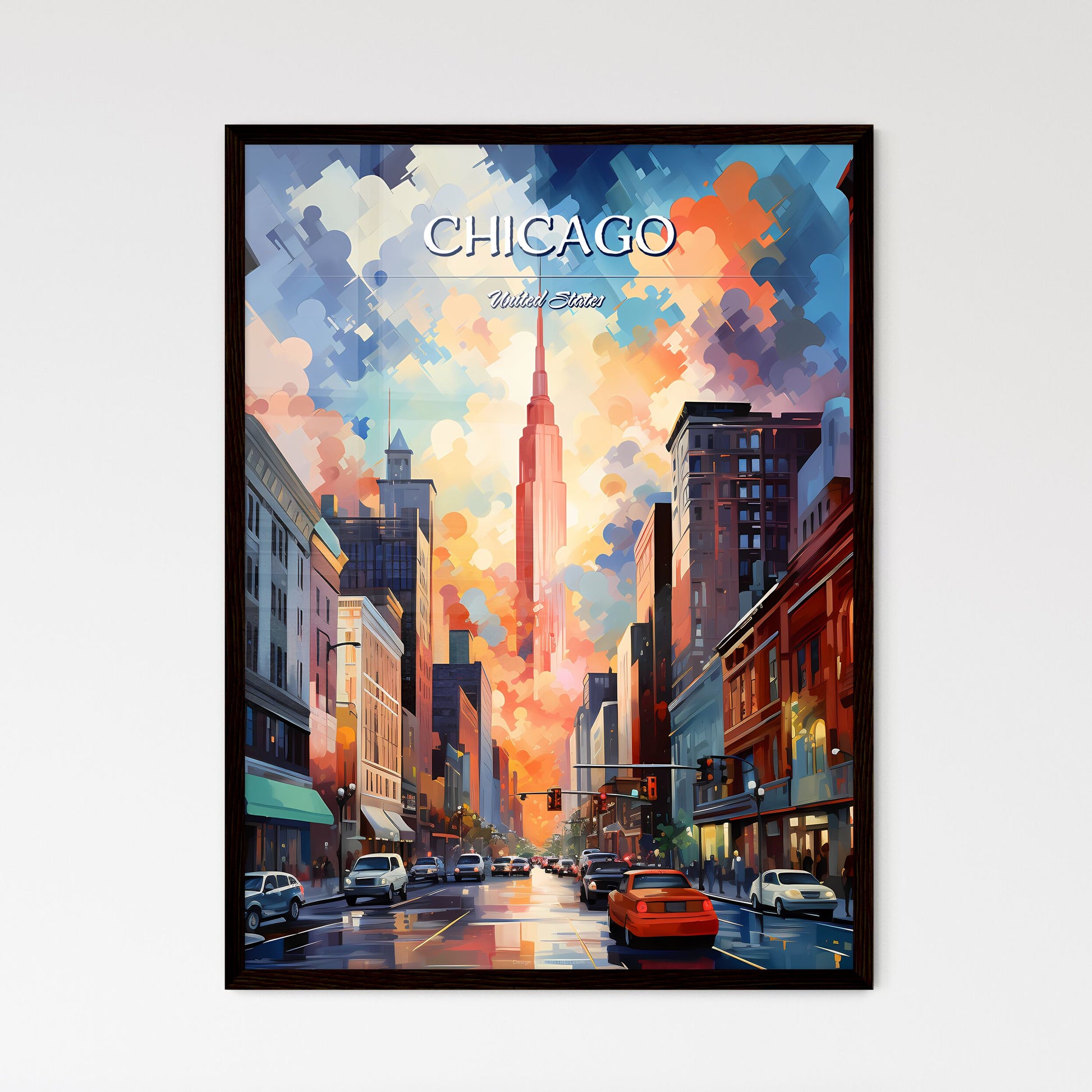 Chicago - Art print of a city street with cars and buildings Framed Art