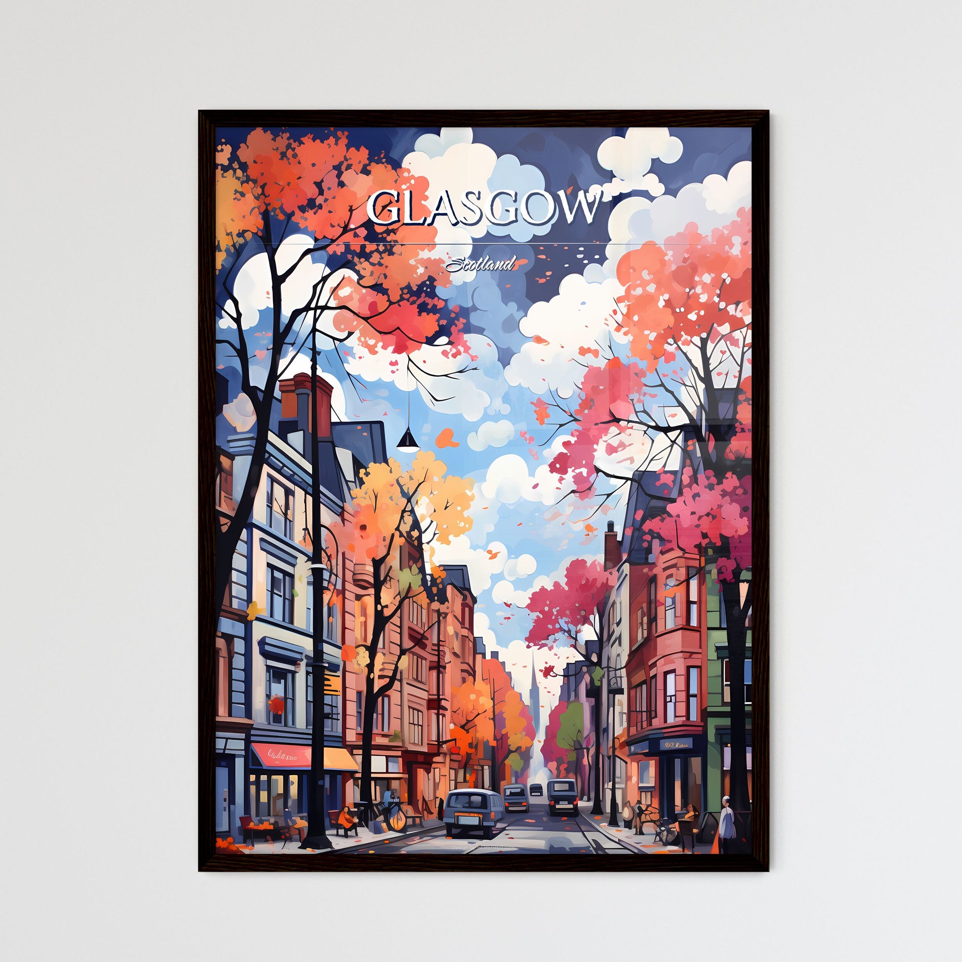 Glasgow, Scotland - Art print of a street with trees and buildings Framed Art