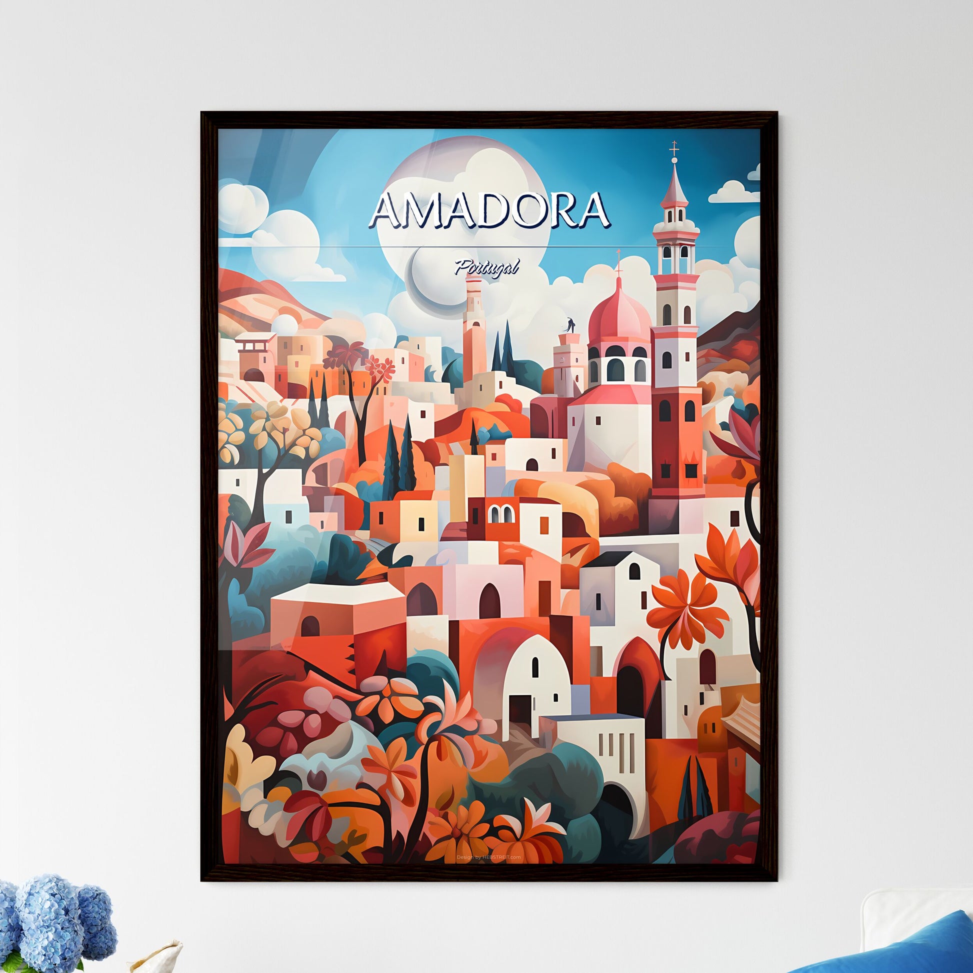 Amadora, Portugal - Art print of a painting of a city Framed Art