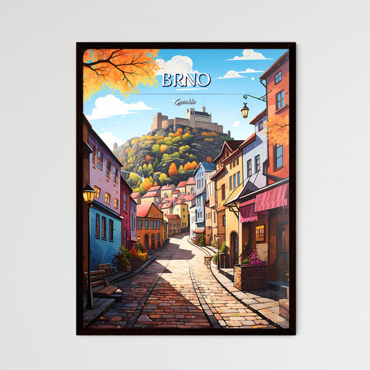 Brno, Czechia - Art print of a street with buildings and a castle in the background Framed Art