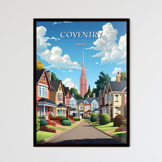 Coventry, England - Art print of a street with houses and a tall tower Framed Art