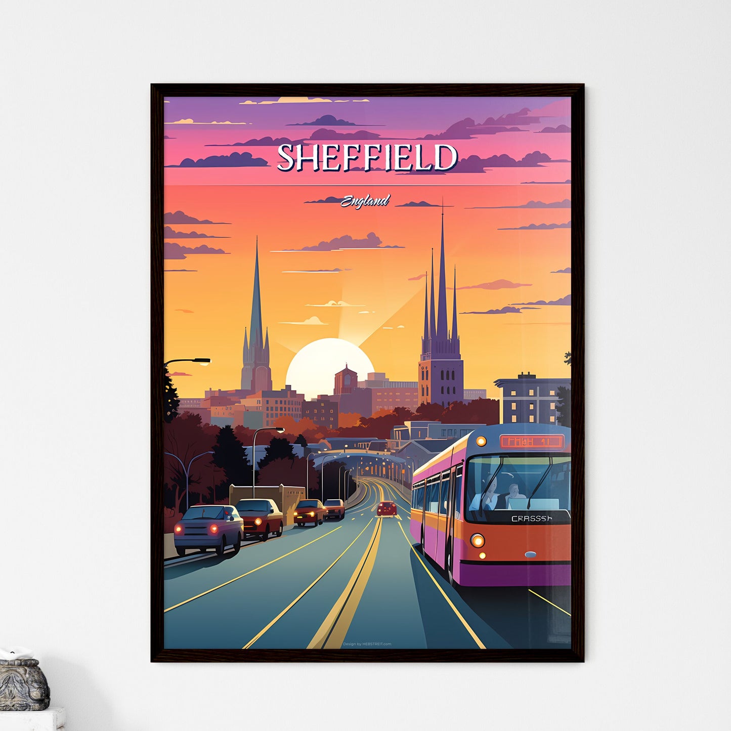 Sheffield, England - Art print of a black cow walking on a grassy hill Framed Art