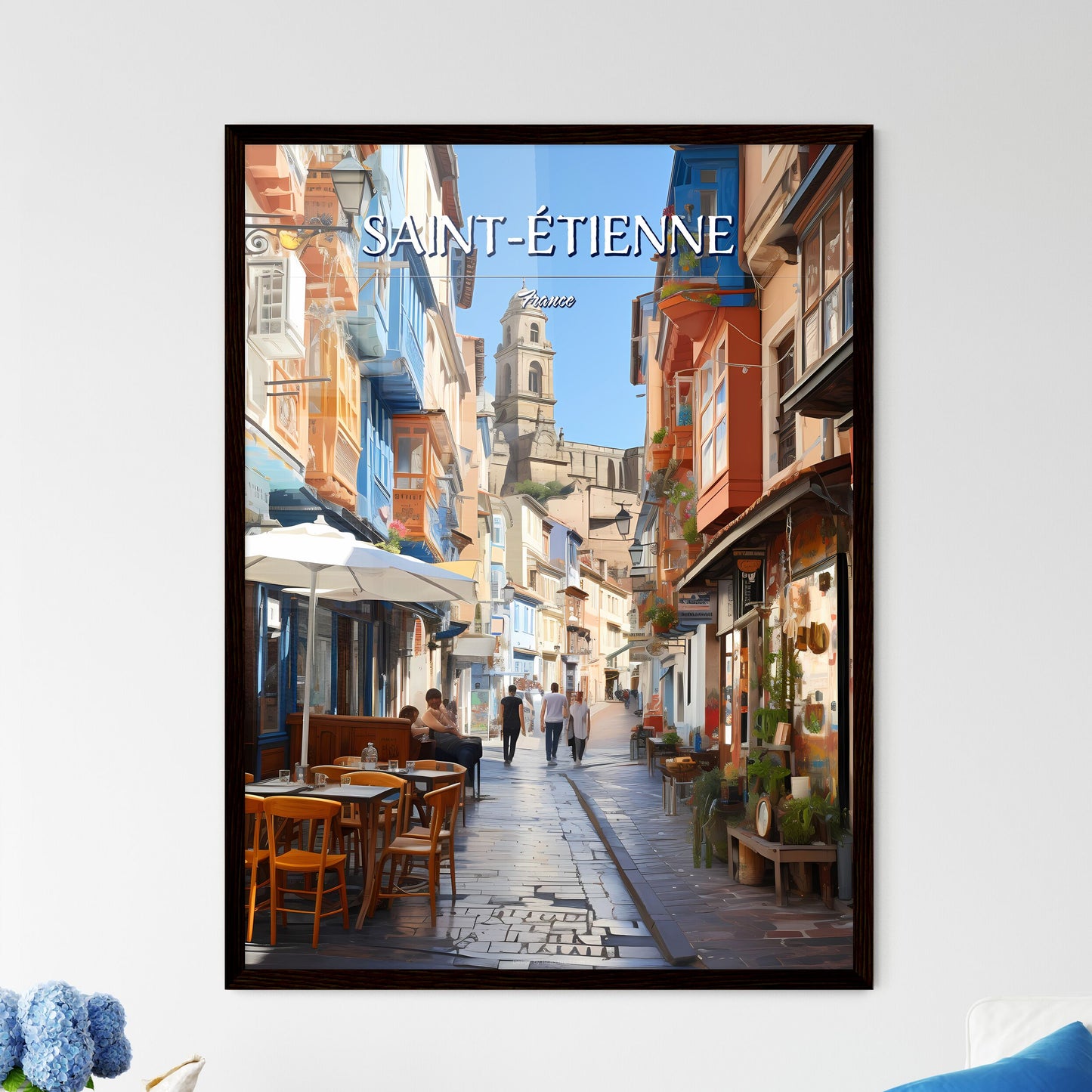 Saint-Étienne, France - Art print of a double decker bus on a street in a city Framed Art