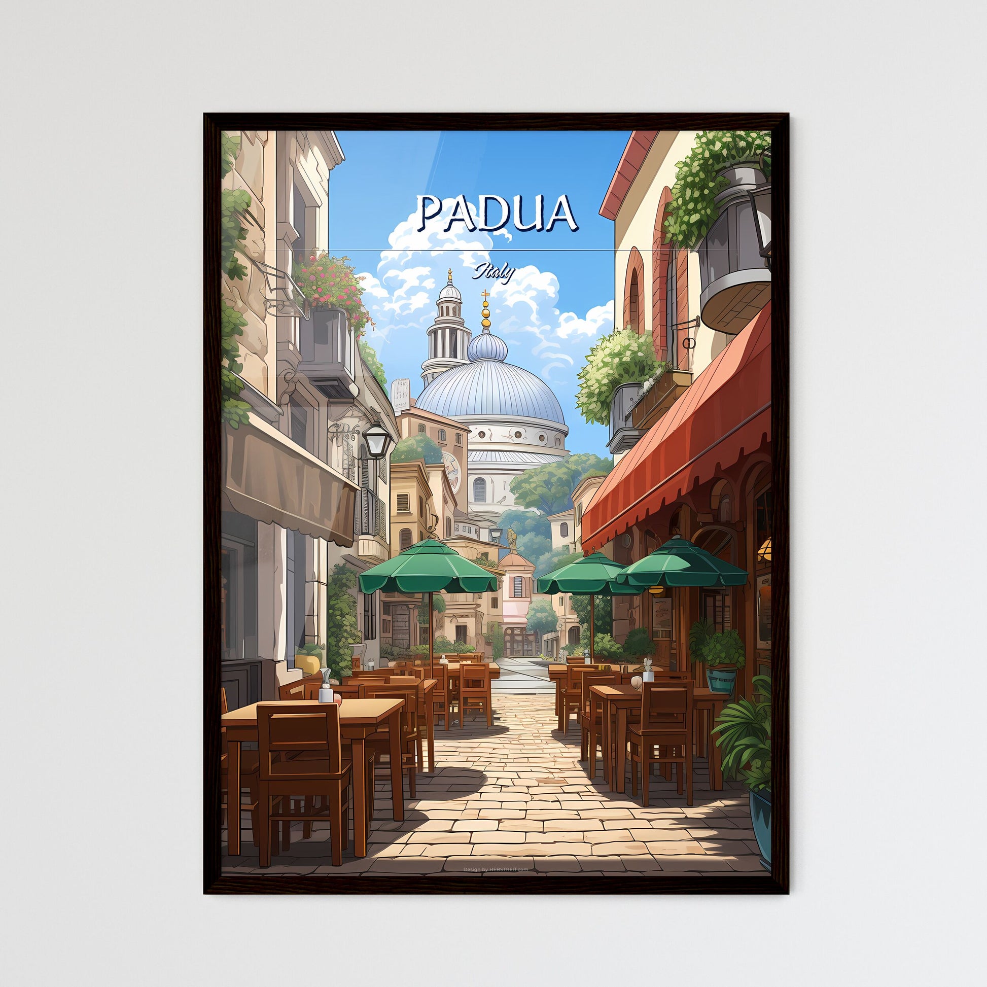 Padua, Italy - Art print of a painting of a city with mountains and clouds Framed Art