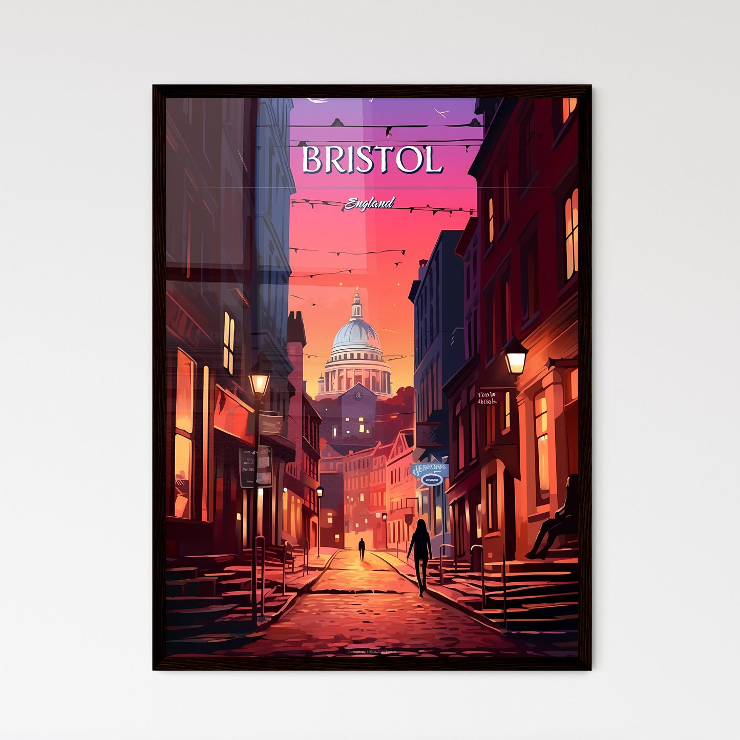 Bristol, England - Art print of a woman standing next to a washing machine Framed Art