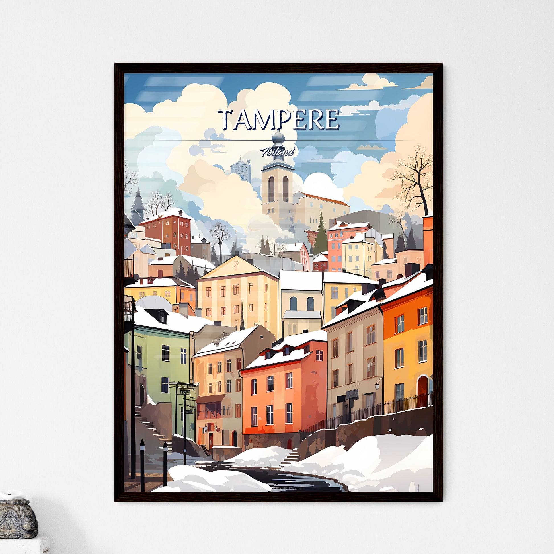 Tampere, Finland - Art print of a body of water with a path and a red rope Framed Art