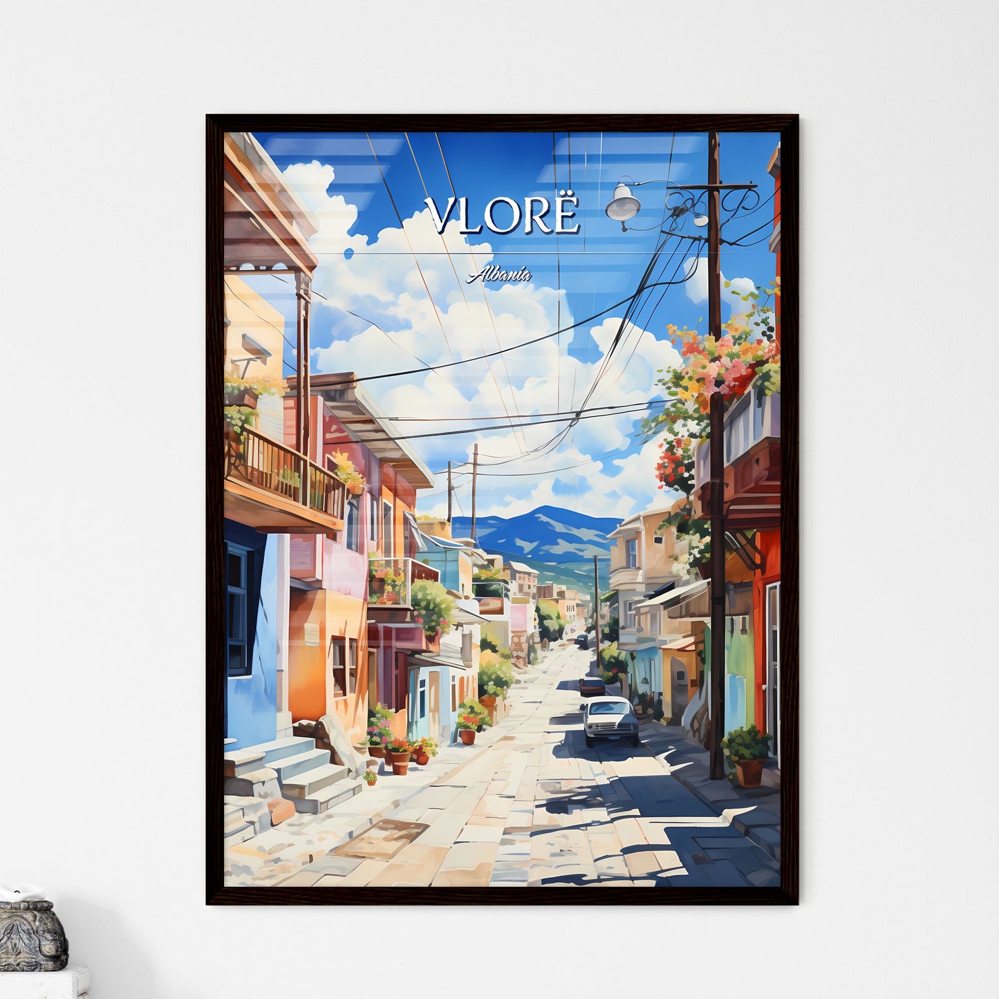 Vlorë, Albania - Art print of a watercolor painting of a street with buildings and a bell tower Framed Art