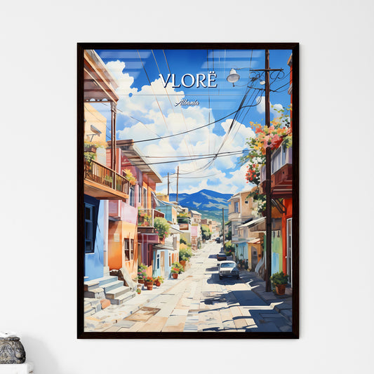 Vlorë, Albania - Art print of a watercolor painting of a street with buildings and a bell tower Framed Art