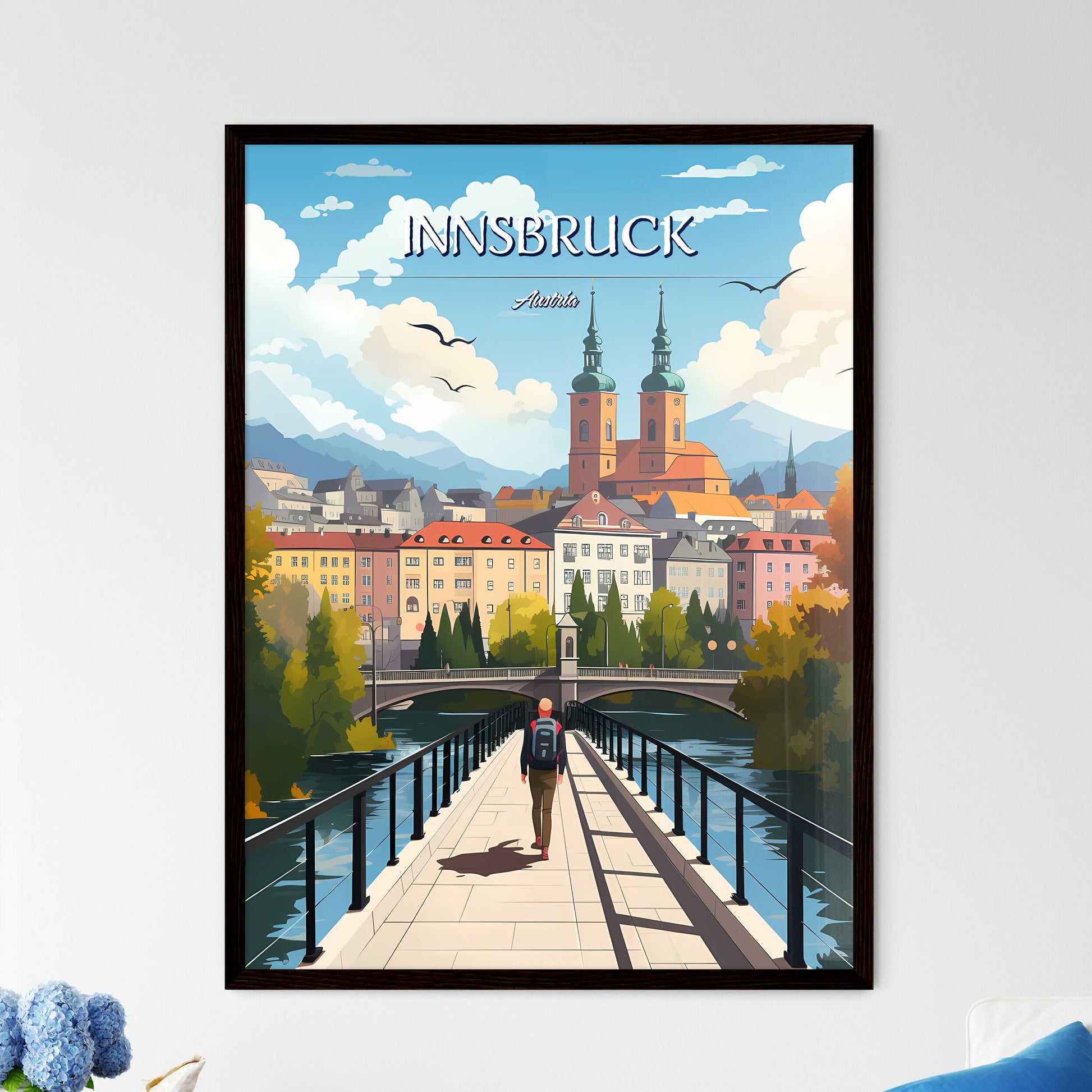 Innsbruck, Austria - Art print of a landscape with a river and trees Framed Art