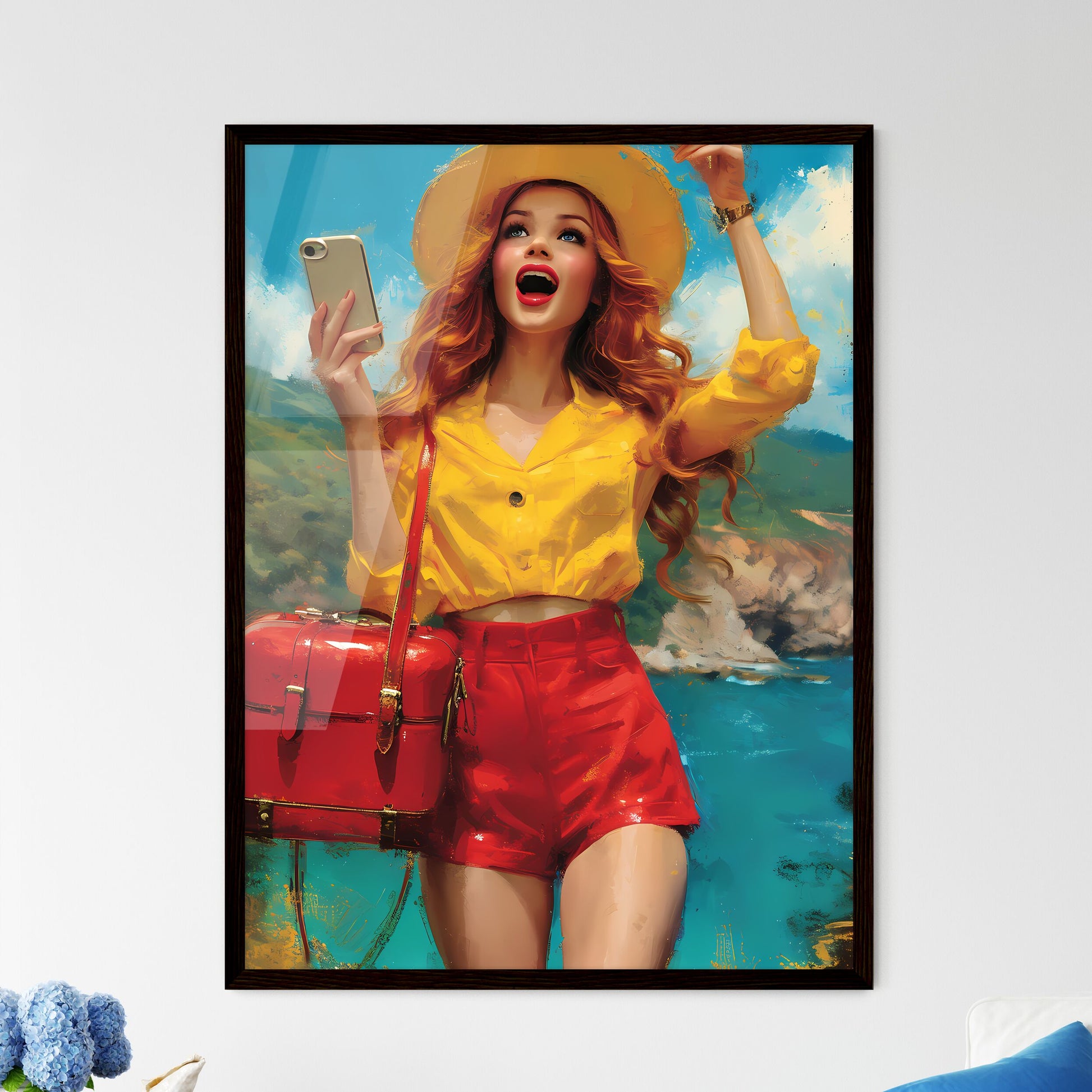 Surprised woman with beautiful legs - Art pr - Framed Art Print