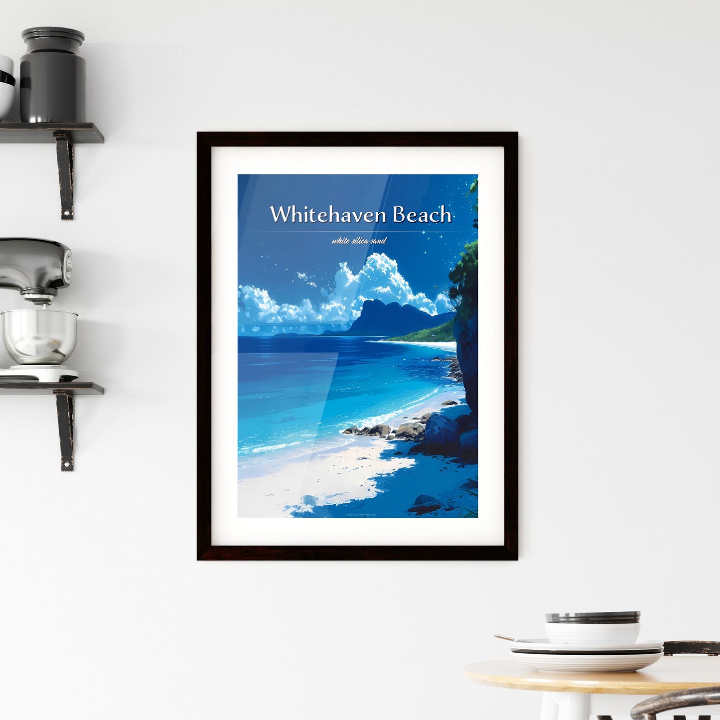 Whitehaven Beach - Art print of a landscape of a lake with houses and mountains Default Title
