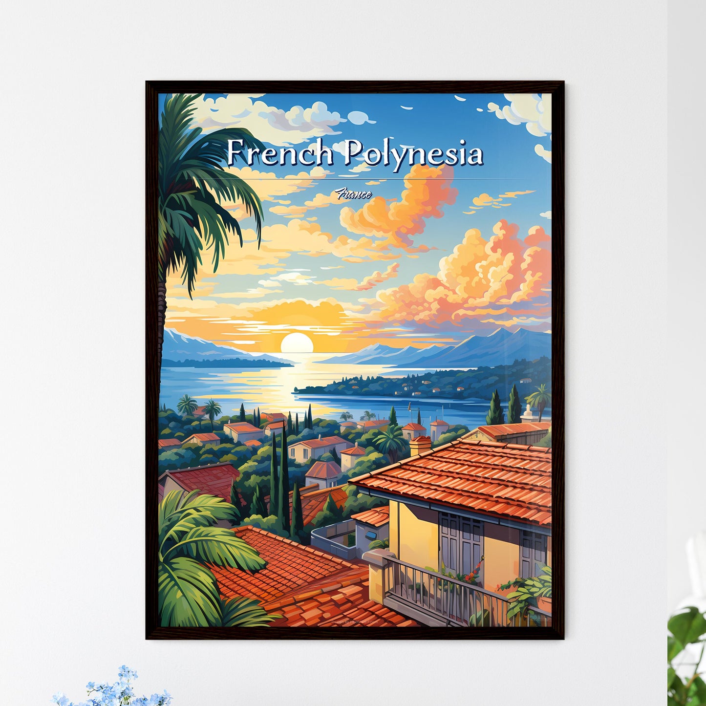 On the roofs of French Polynesia, France - Art print of a city street with cars and buildings Framed Art