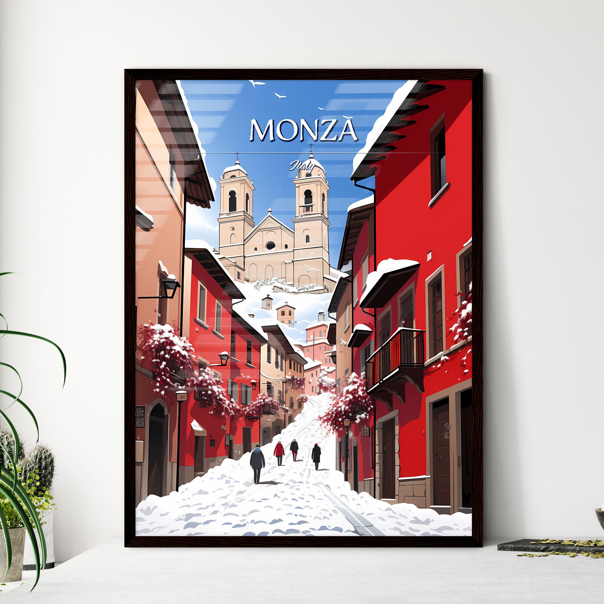 Monza, Italy - Art print of a lake with houses and mountains in the background Framed Art