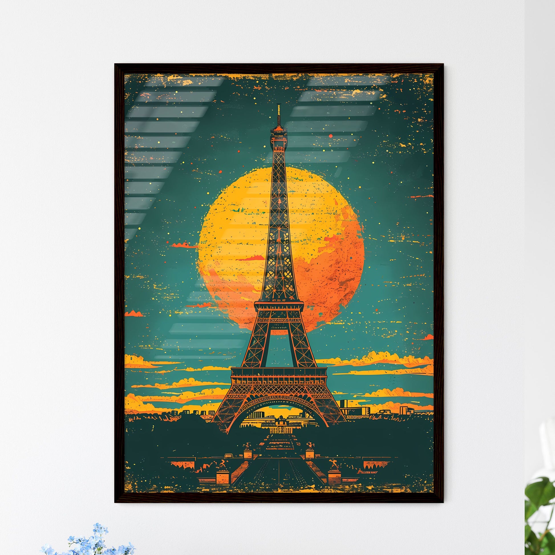 A travel poster of the eiffel tower - Art print of a red van in a desert with cacti and mountains in the background Framed Art
