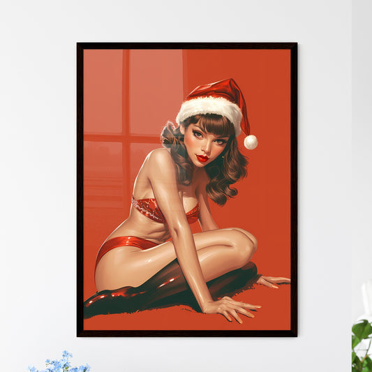 Woman wearing Santa hat - Art print of a wom - Framed Art Print