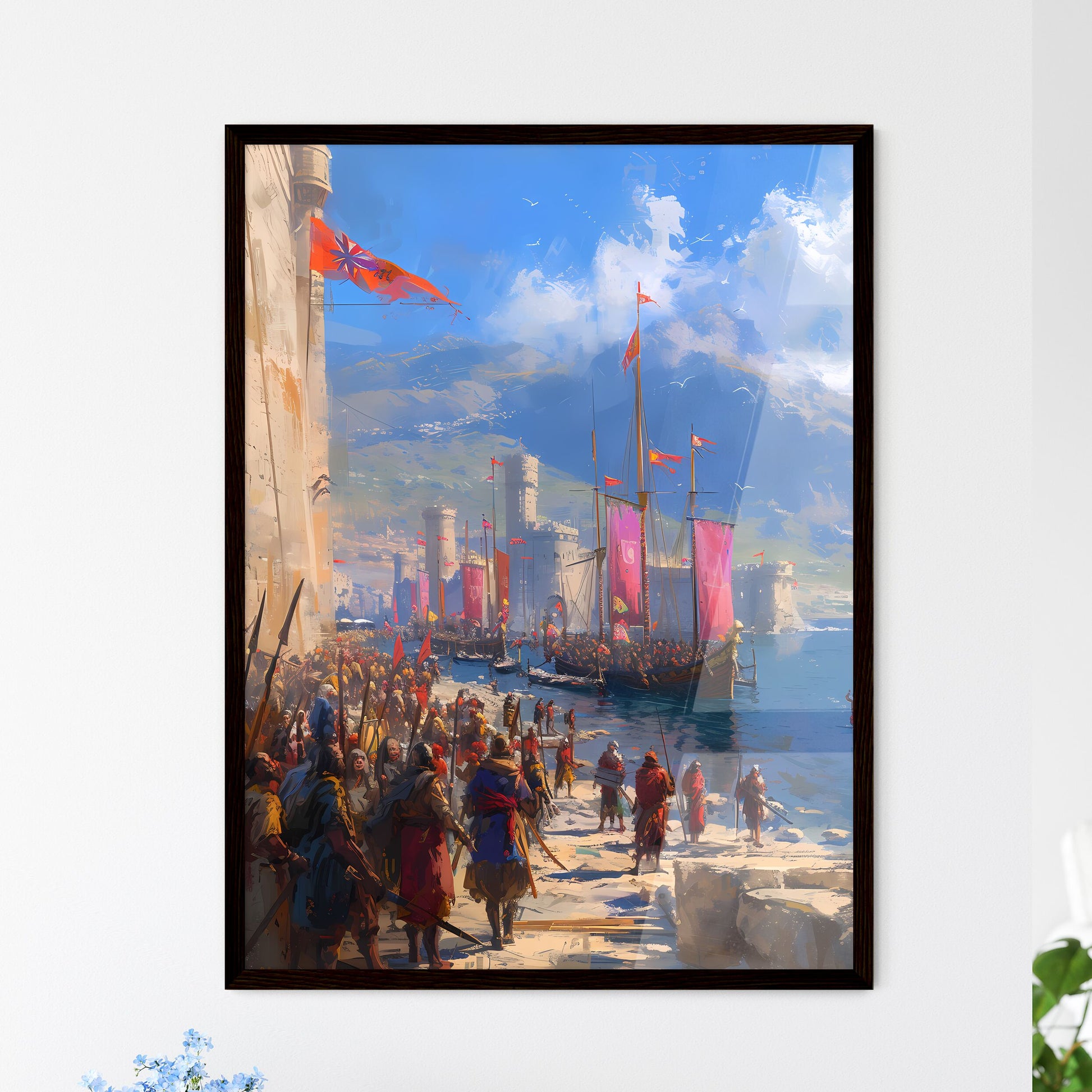 Biblical illustration set, Jochebed put Moses in the Nile, concept art - Art print of a beach with trees and a blue sky Framed Art