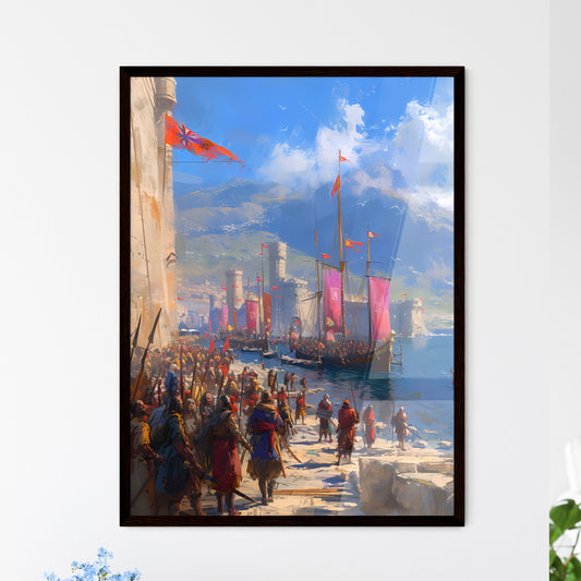 Biblical illustration set, Jochebed put Moses in the Nile, concept art - Art print of a beach with trees and a blue sky Framed Art