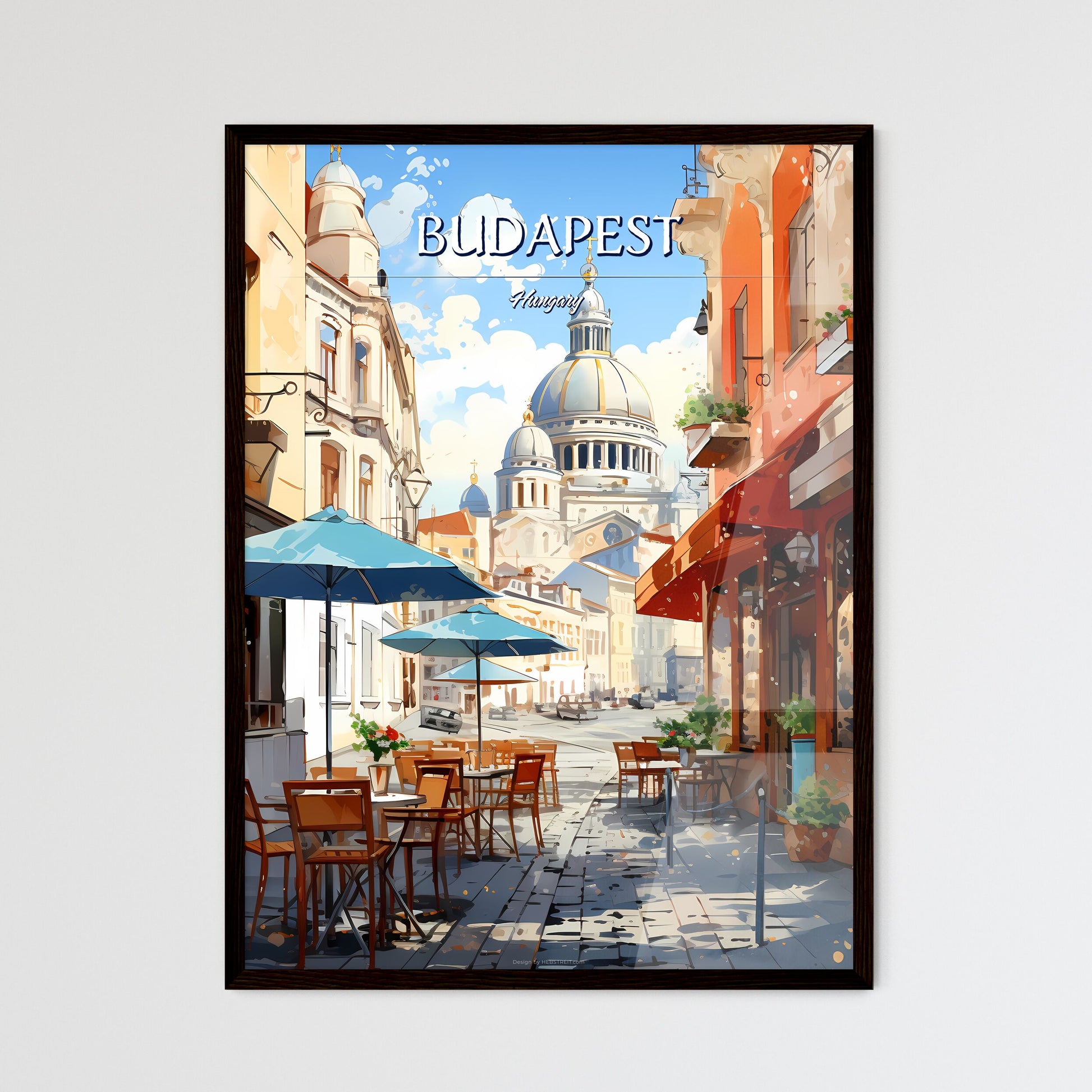 Budapest, Hungary - Art print of a painting of a town with orange flowers and mountains Framed Art