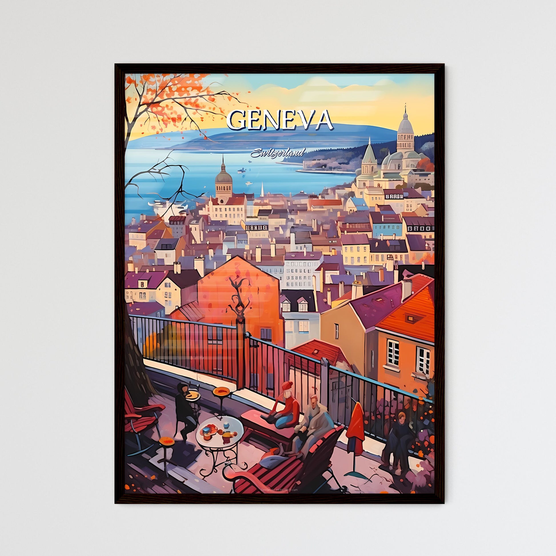Geneva, Switzerland - Art print of a bus driving down a street Framed Art