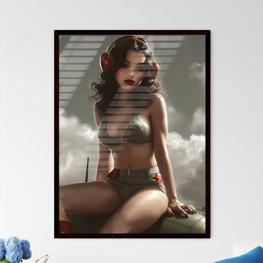 Pinup style attractive military young woman  - Framed Art Print