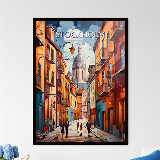 Stockholm, Sweden, - Art print of a man walking on a bridge over a river with a bridge and buildings Framed Art