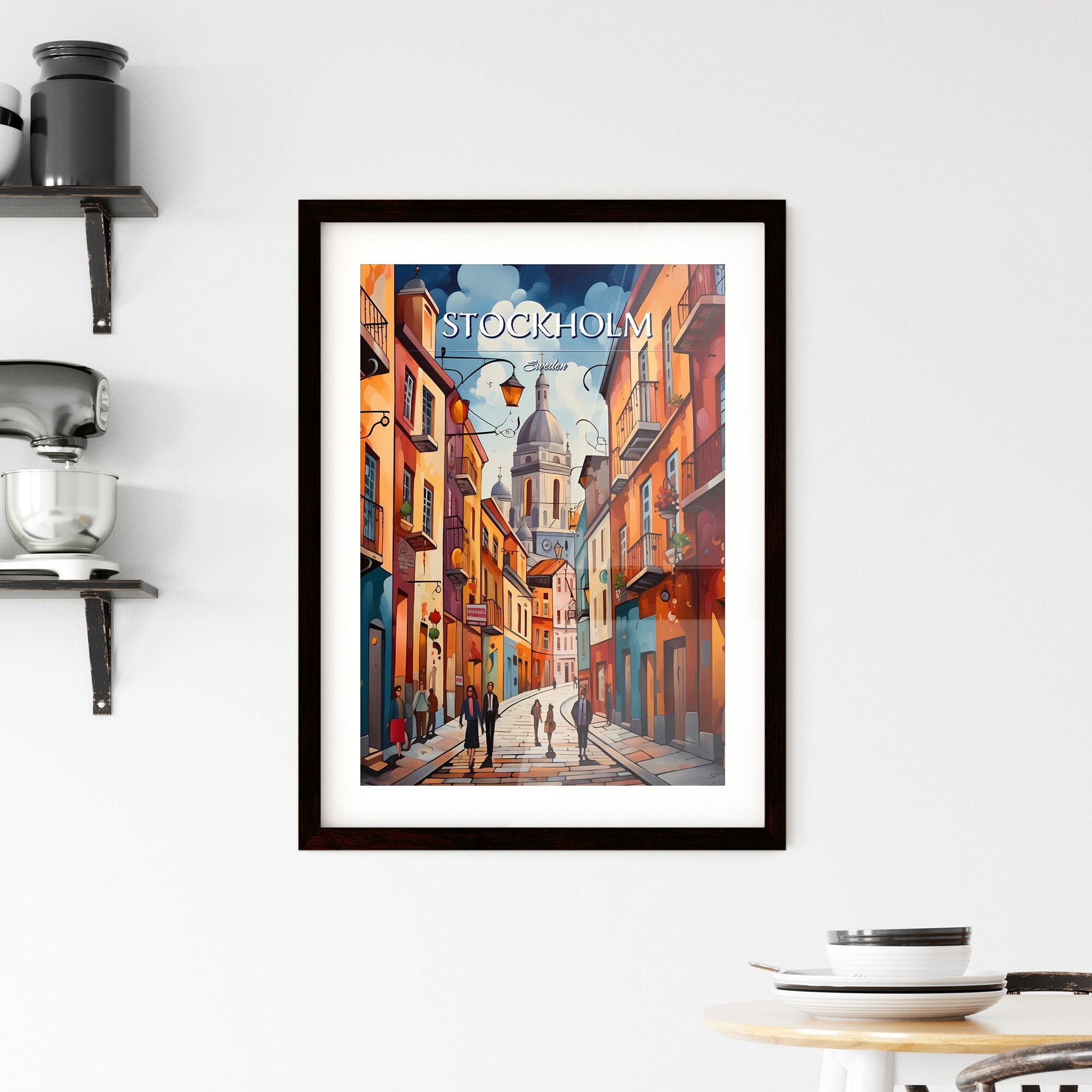 Stockholm, Sweden, - Art print of a man walking on a bridge over a river with a bridge and buildings Default Title