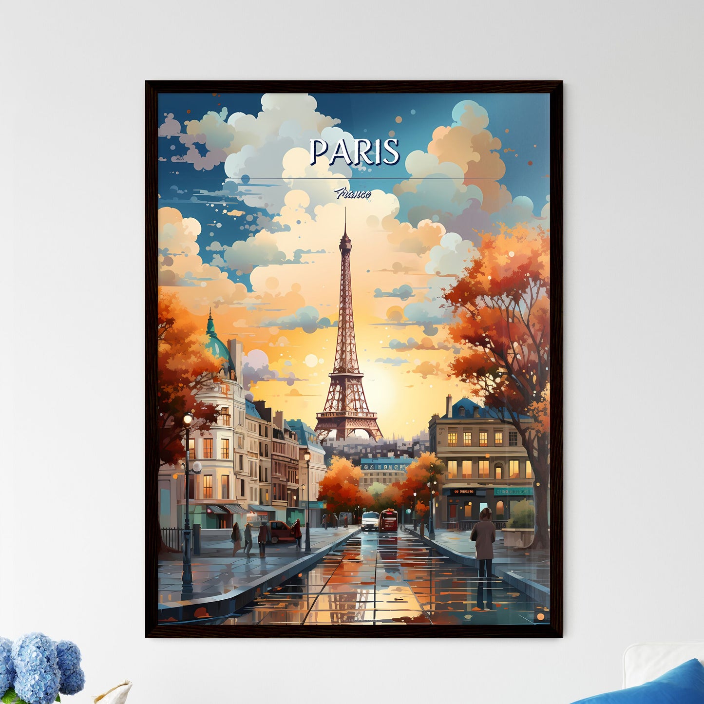Paris, France - Art print of a street with a church and buildings Framed Art