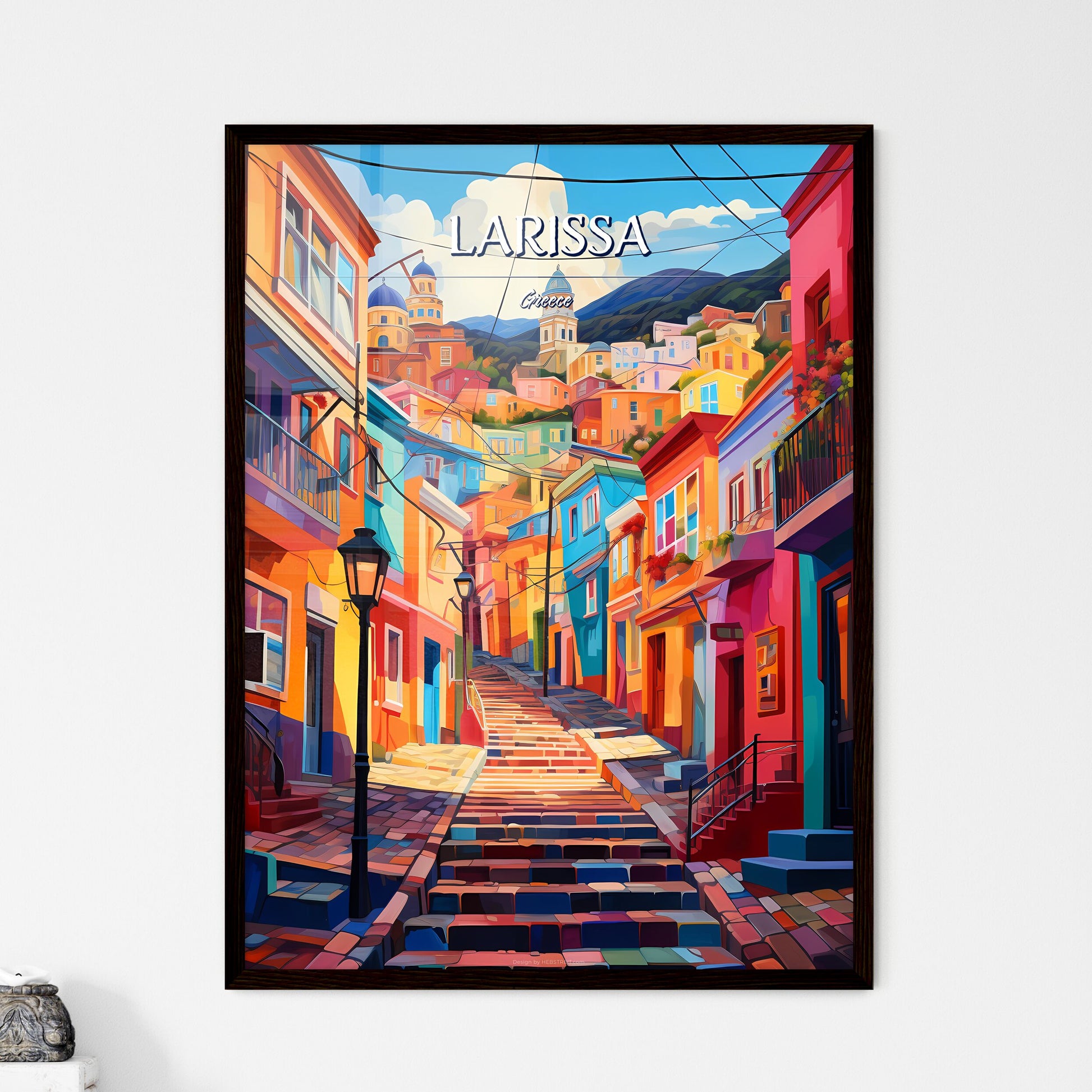 Larissa, Greece - Art print of a landscape of a town with a body of water and mountains Framed Art