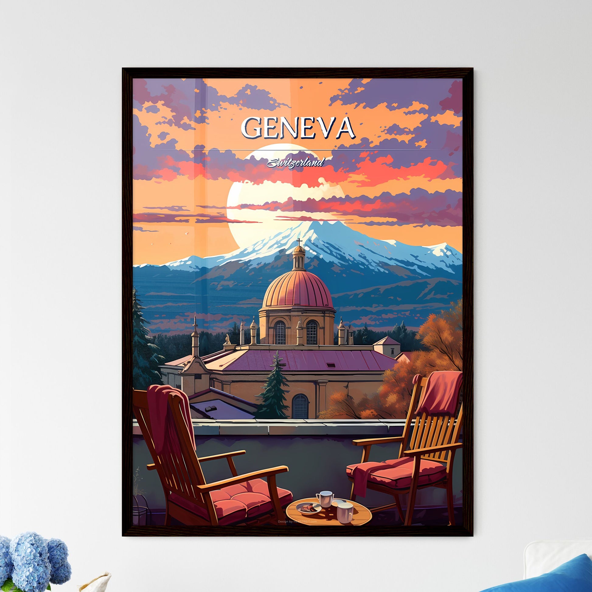 Geneva, Switzerland - Art print of a painting of a road between colorful trees Framed Art
