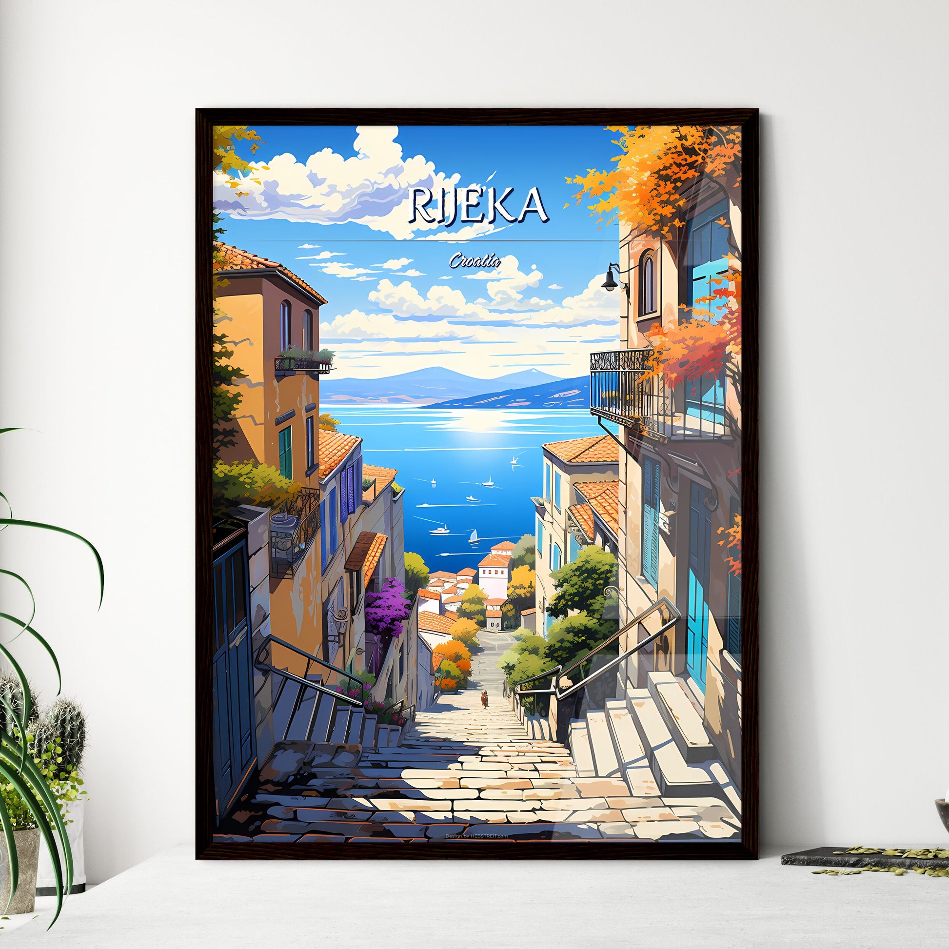 Rijeka, Croatia - Art print of a painting of a vineyard with a building and a tower Framed Art