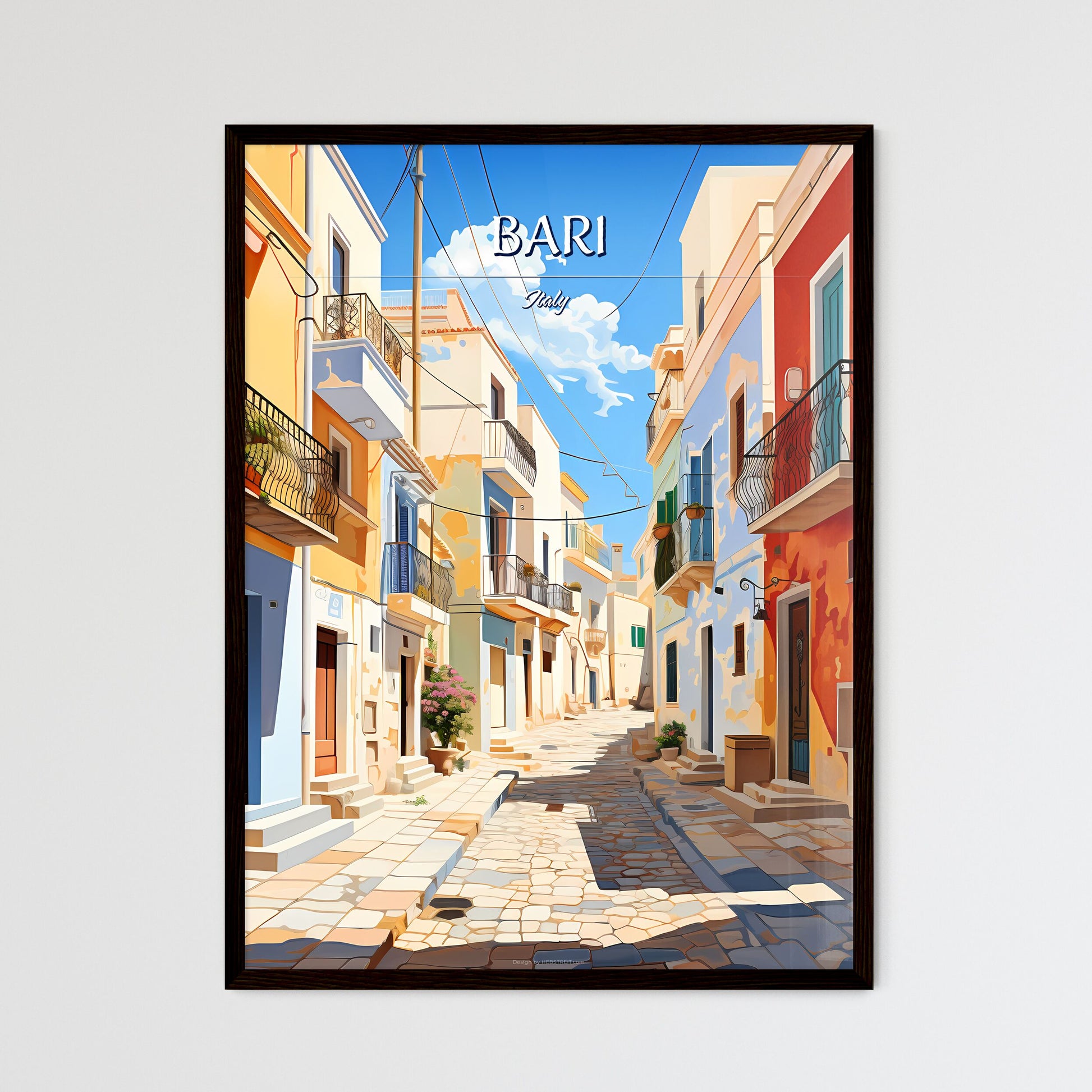 Bari, Italy - Art print of a street with tables and chairs on it Framed Art