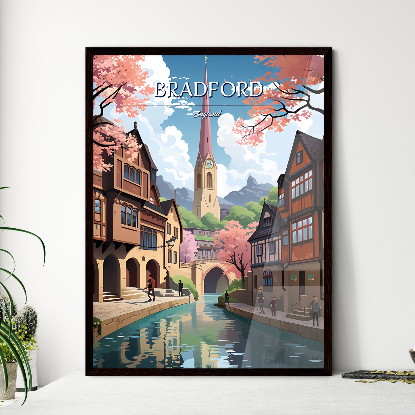 Bradford, England - Art print of a beach with a sandy beach and blue water and a rocky cliff Framed Art