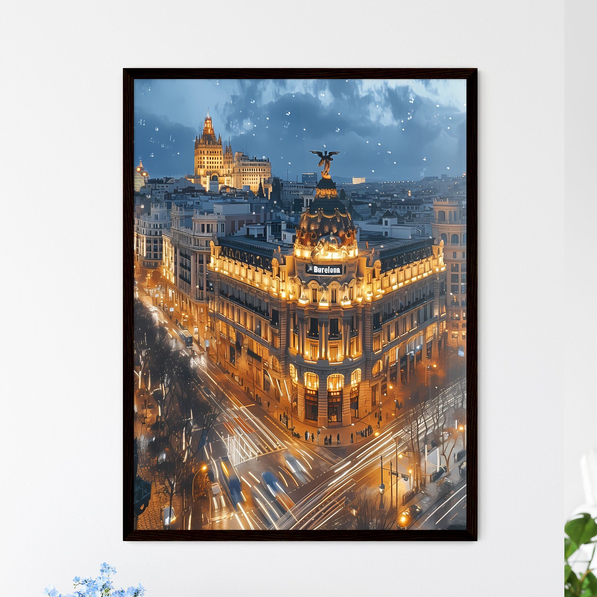 Poster of Barcelona - Art print of a cartoon of a castle on an island surrounded by water Framed Art