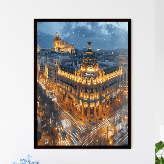 Poster of Barcelona - Art print of a cartoon of a castle on an island surrounded by water Framed Art