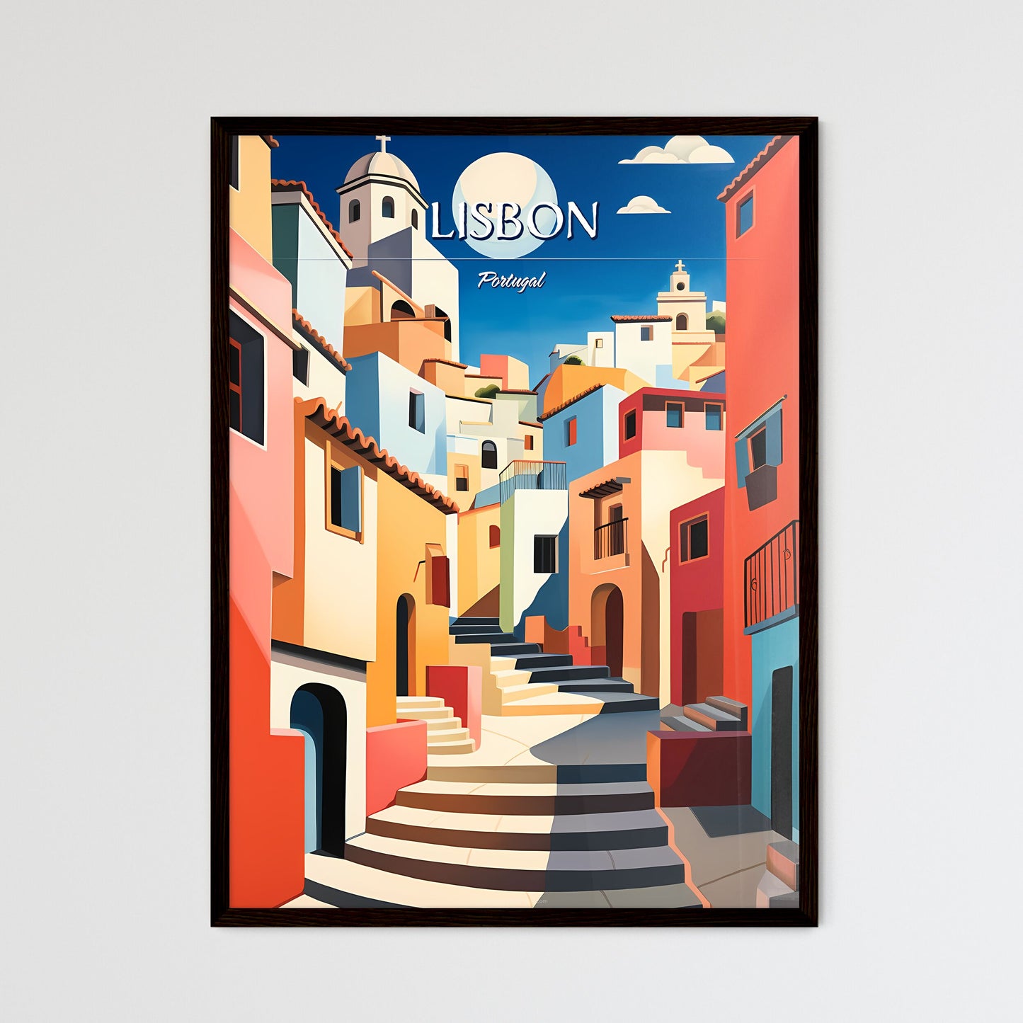Lisbon, Portugal - Art print of a street with tables and chairs on it Framed Art