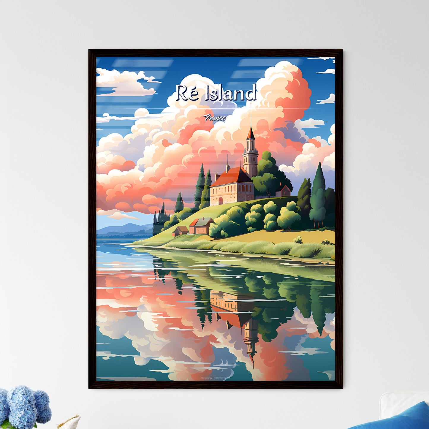 Ré Island, France - Art print of a river with a bridge and buildings and a bridge Framed Art