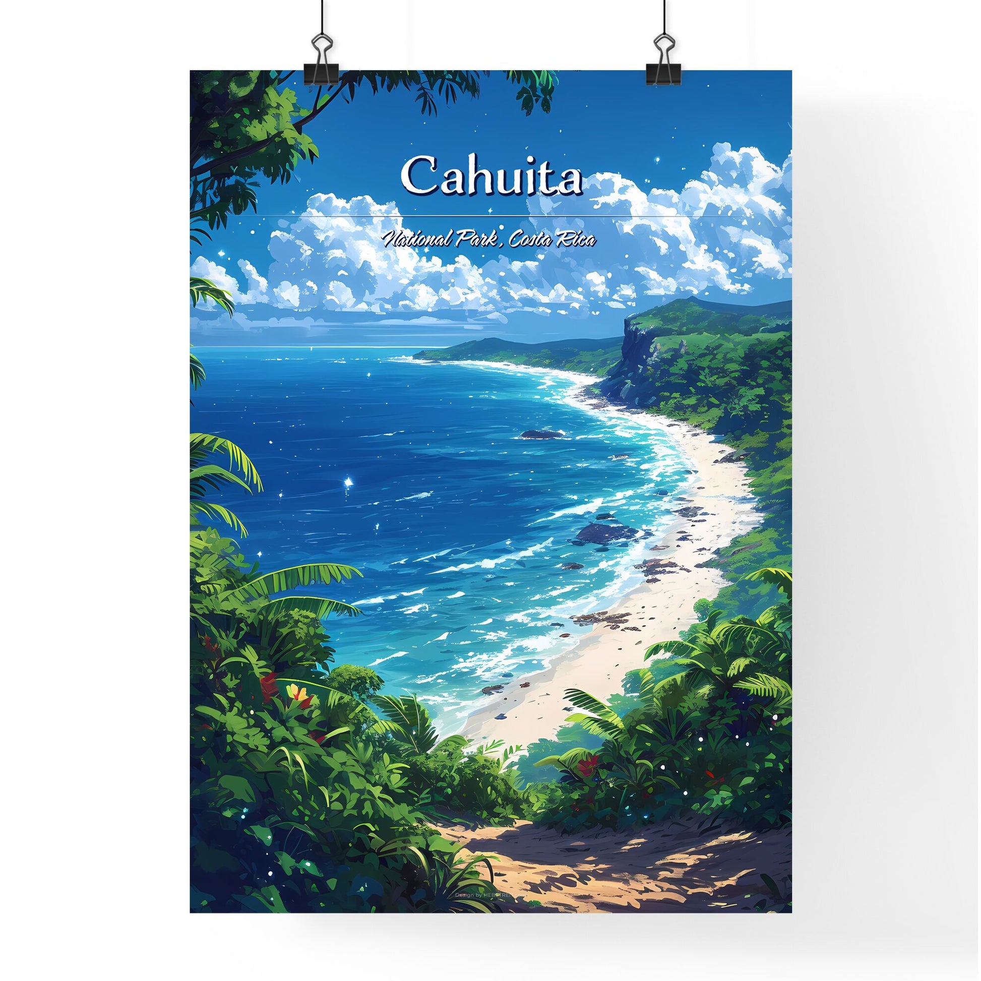 Cahuita National Park Beach, Costa Rica - Art print of a colorful street with a church and people walking down it Default Title