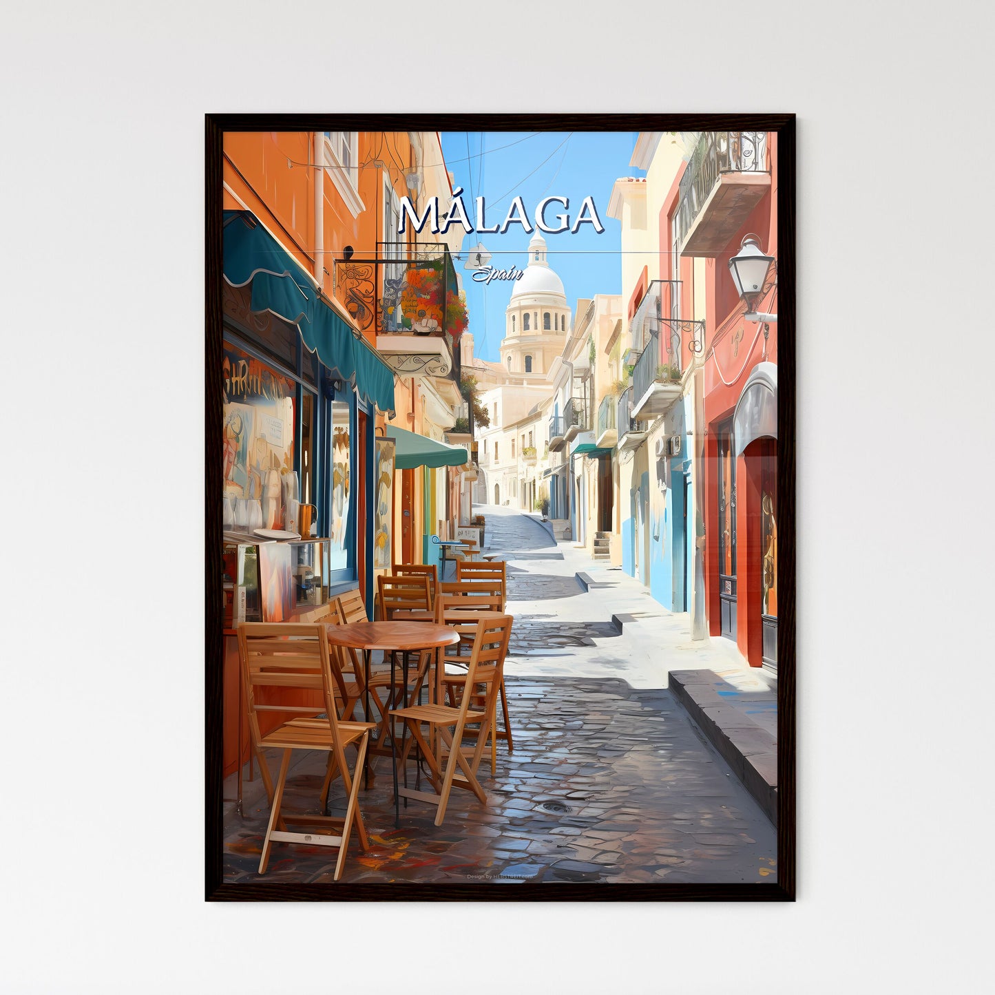 Málaga, Spain - Art print of a painting of a bus driving down a road with trees and houses Framed Art