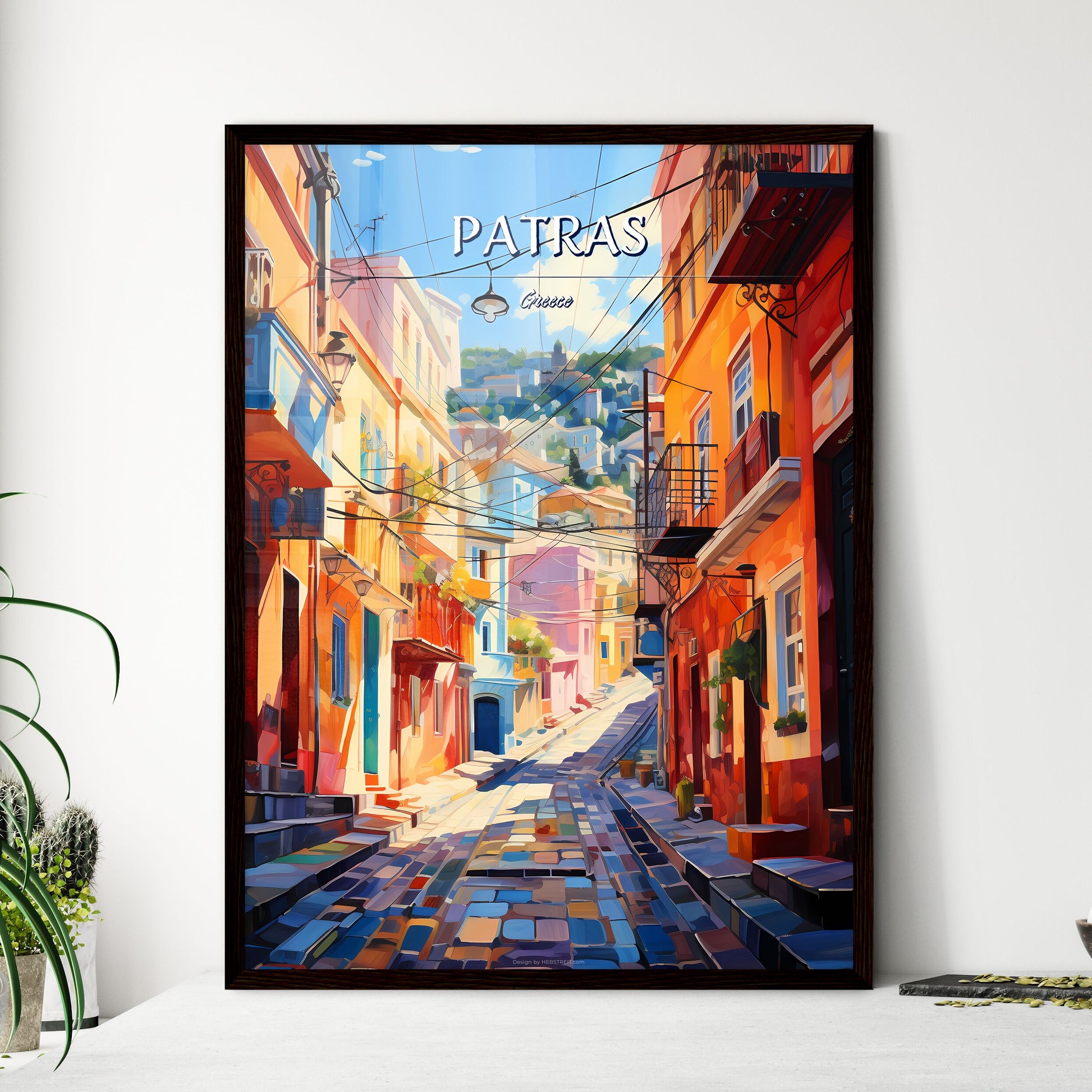 Patras, Greece - Art print of a street with buildings and people walking on it Framed Art