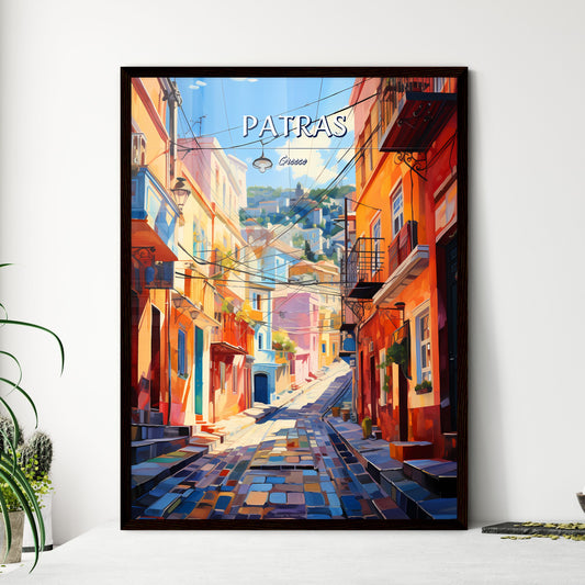 Patras, Greece - Art print of a street with buildings and people walking on it Framed Art
