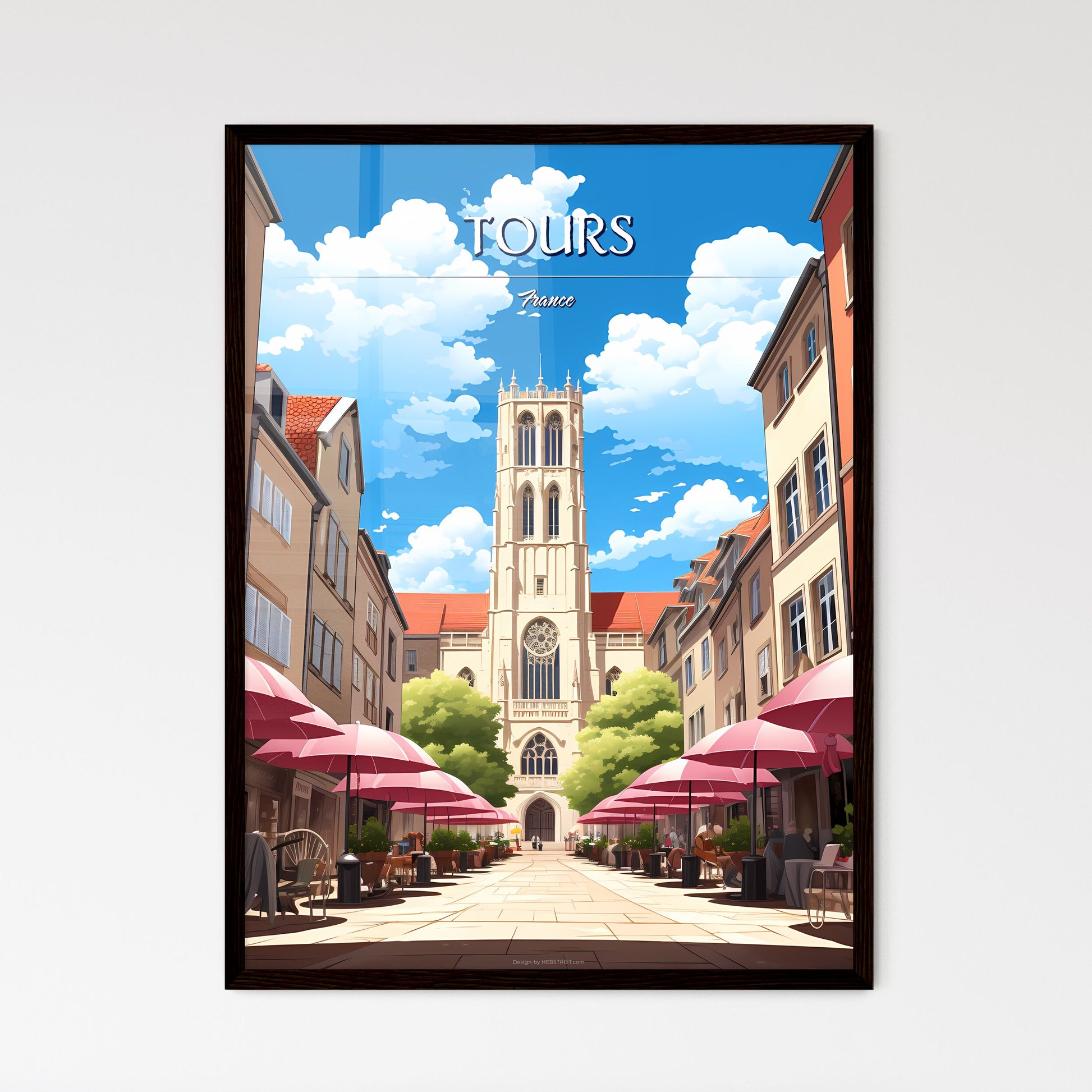 Tours, France - Art print of a painting of a city with a lake and a body of water Framed Art