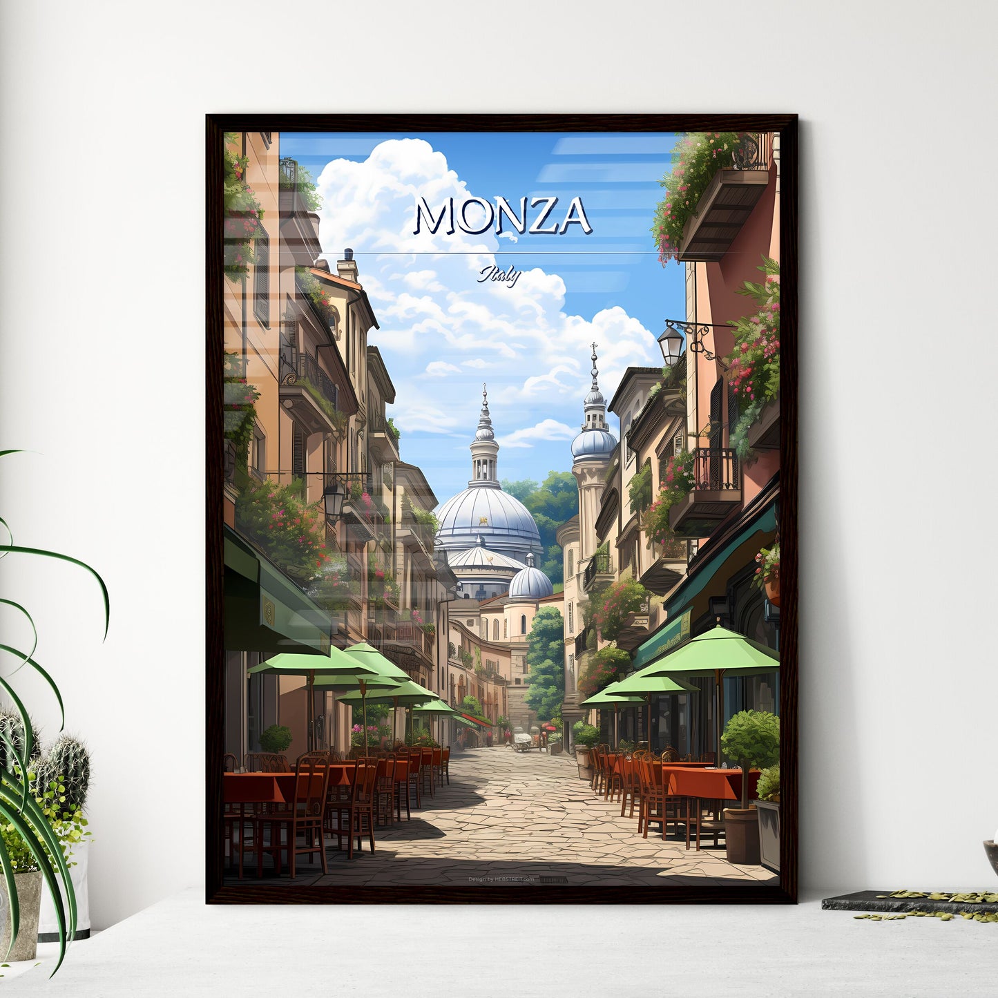 Monza, Italy - Art print of a table and chairs on a rooftop with flowers in pots Framed Art