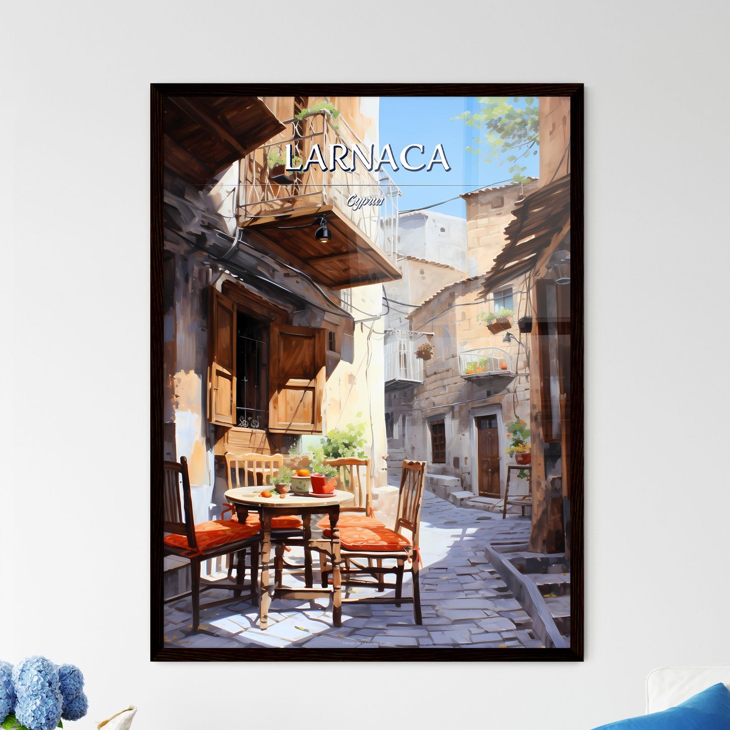 Larnaca, Cyprus - Art print of a table with flowers on it and a view of a town Framed Art