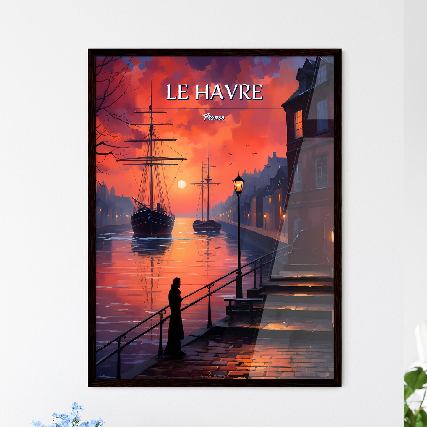 Le Havre, France - Art print of a painting of a street with buildings and people Framed Art