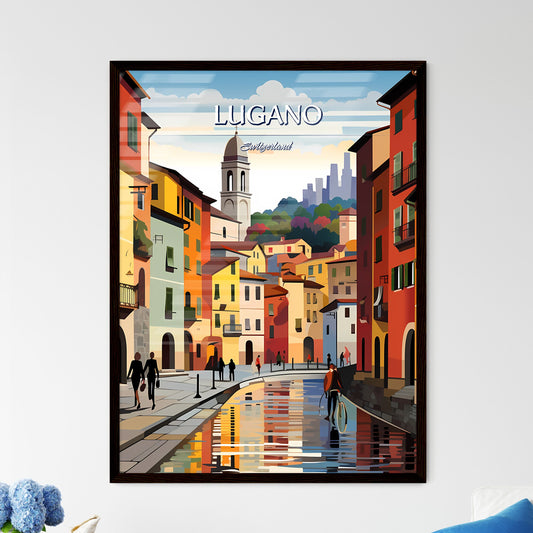 Lugano, Switzerland - Art print of a town with pink trees and a road Framed Art